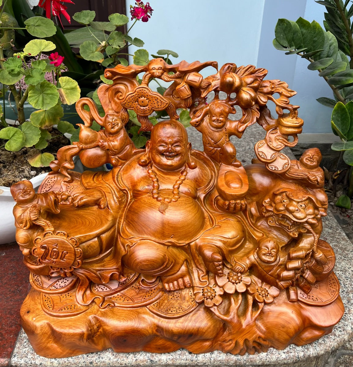 Tượng Phật Di Lặc Ngũ Phúc Ngồi Đế Tiền - Gỗ Hương Ta
