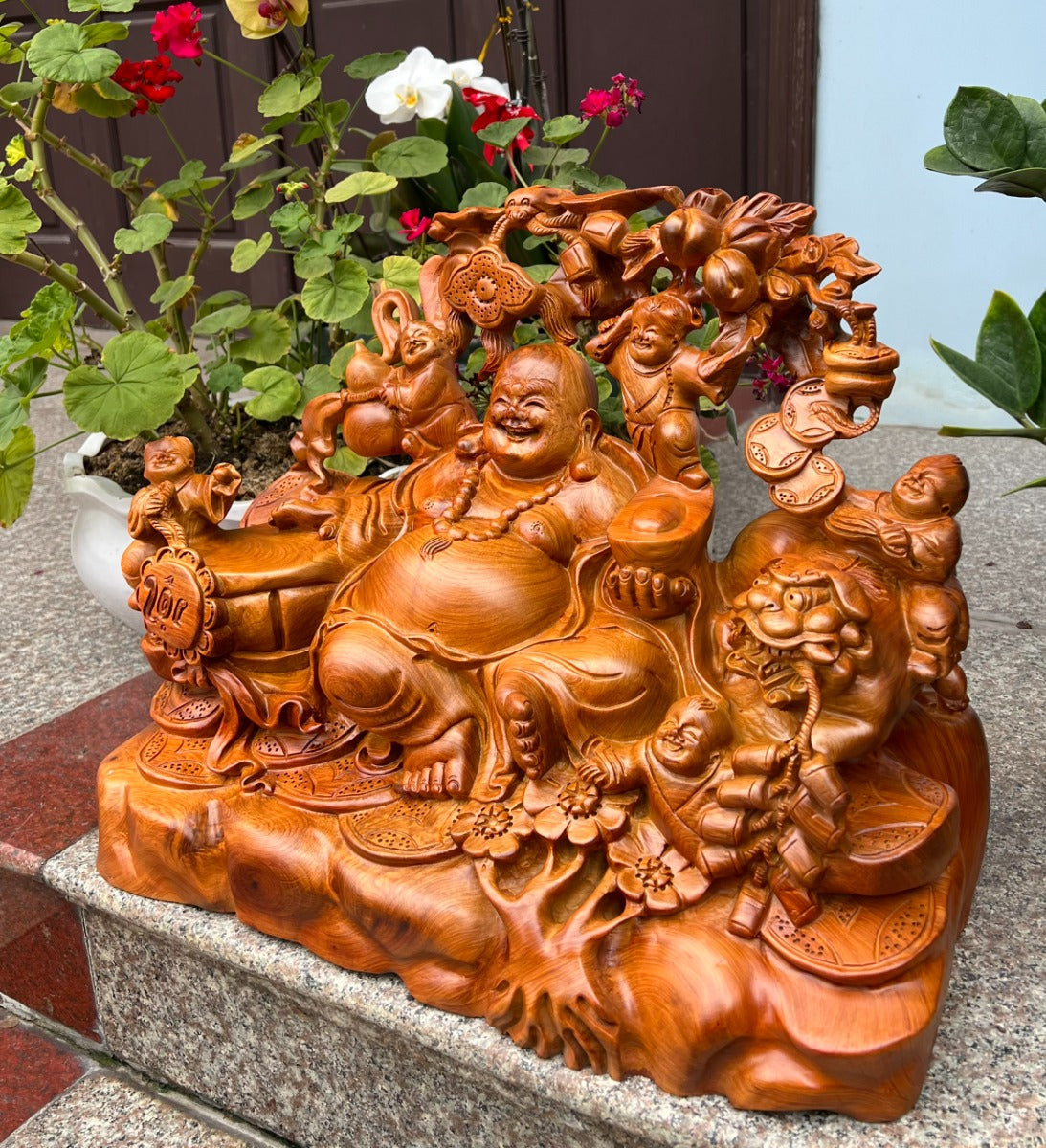 Tượng Phật Di Lặc Ngũ Phúc Ngồi Đế Tiền - Gỗ Hương Ta