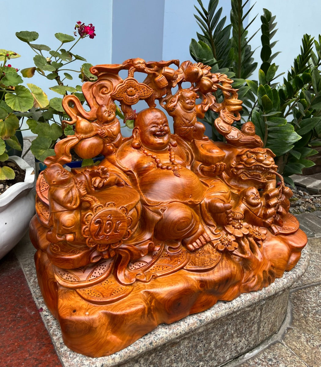 Tượng Phật Di Lặc Ngũ Phúc Ngồi Đế Tiền - Gỗ Hương Ta