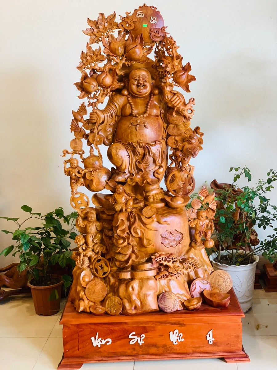 Tượng Phật Di Lặc Ngũ Phúc Vác Đào Vạn Sự  Như Ý - Gỗ Hương Ta Cao 178cm