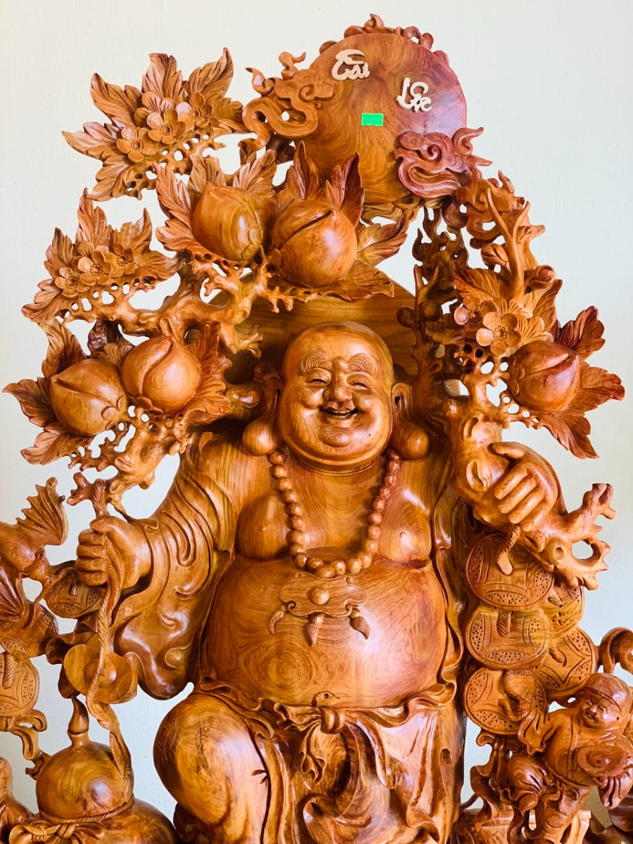 Tượng Phật Di Lặc Ngũ Phúc Vác Đào Vạn Sự  Như Ý - Gỗ Hương Ta Cao 178cm