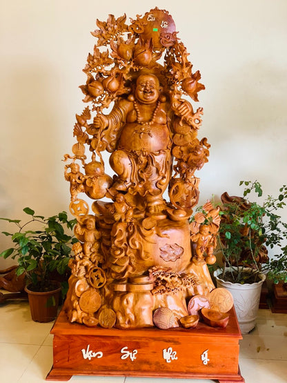 Tượng Phật Di Lặc Ngũ Phúc Vác Đào Vạn Sự  Như Ý - Gỗ Hương Ta Cao 178cm
