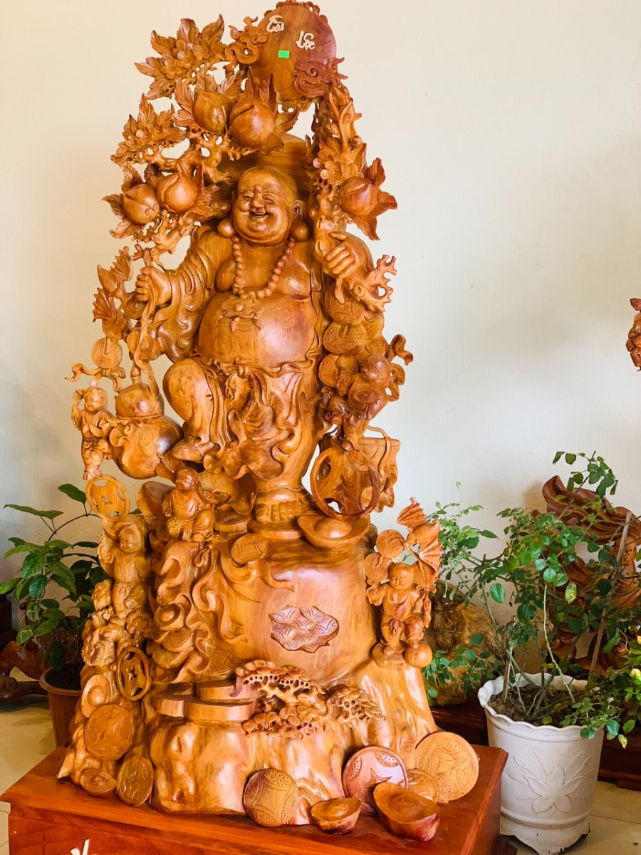 Tượng Phật Di Lặc Ngũ Phúc Vác Đào Vạn Sự  Như Ý - Gỗ Hương Ta Cao 178cm