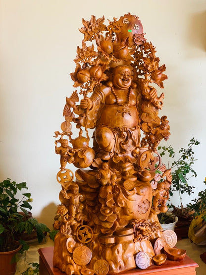 Tượng Phật Di Lặc Ngũ Phúc Vác Đào Vạn Sự  Như Ý - Gỗ Hương Ta Cao 178cm