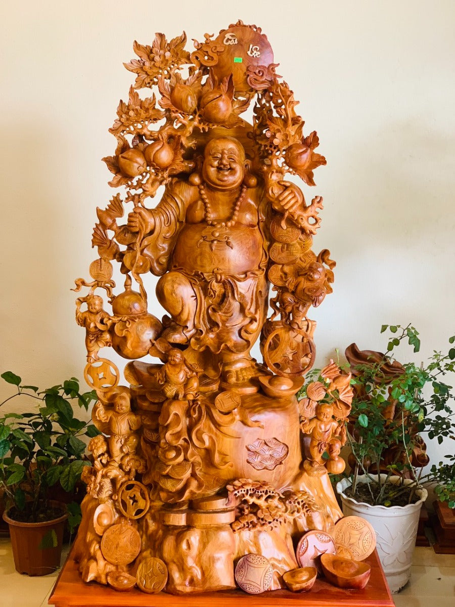 Tượng Phật Di Lặc Ngũ Phúc Vác Đào Vạn Sự  Như Ý - Gỗ Hương Ta Cao 178cm