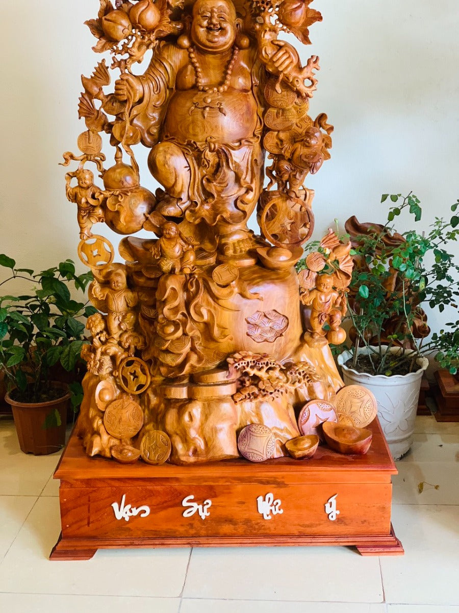 Tượng Phật Di Lặc Ngũ Phúc Vác Đào Vạn Sự  Như Ý - Gỗ Hương Ta Cao 178cm