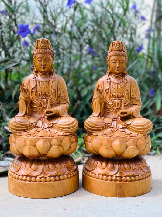 Tượng Quan Âm Tọa Đài Sen - Gỗ Bách Xanh Cao 40cm