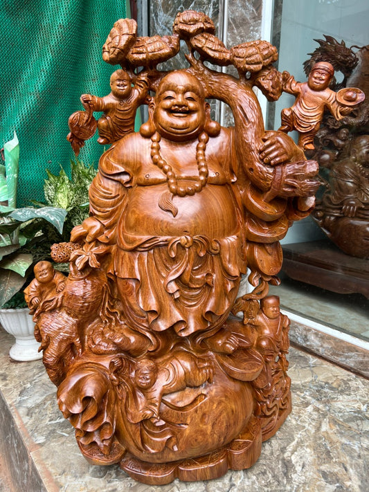 Tượng Phật Di Lặc Ngũ Phúc Vác Đào Tiên Đứng Bao Tiền - Gỗ Hương Ta Liền Khối