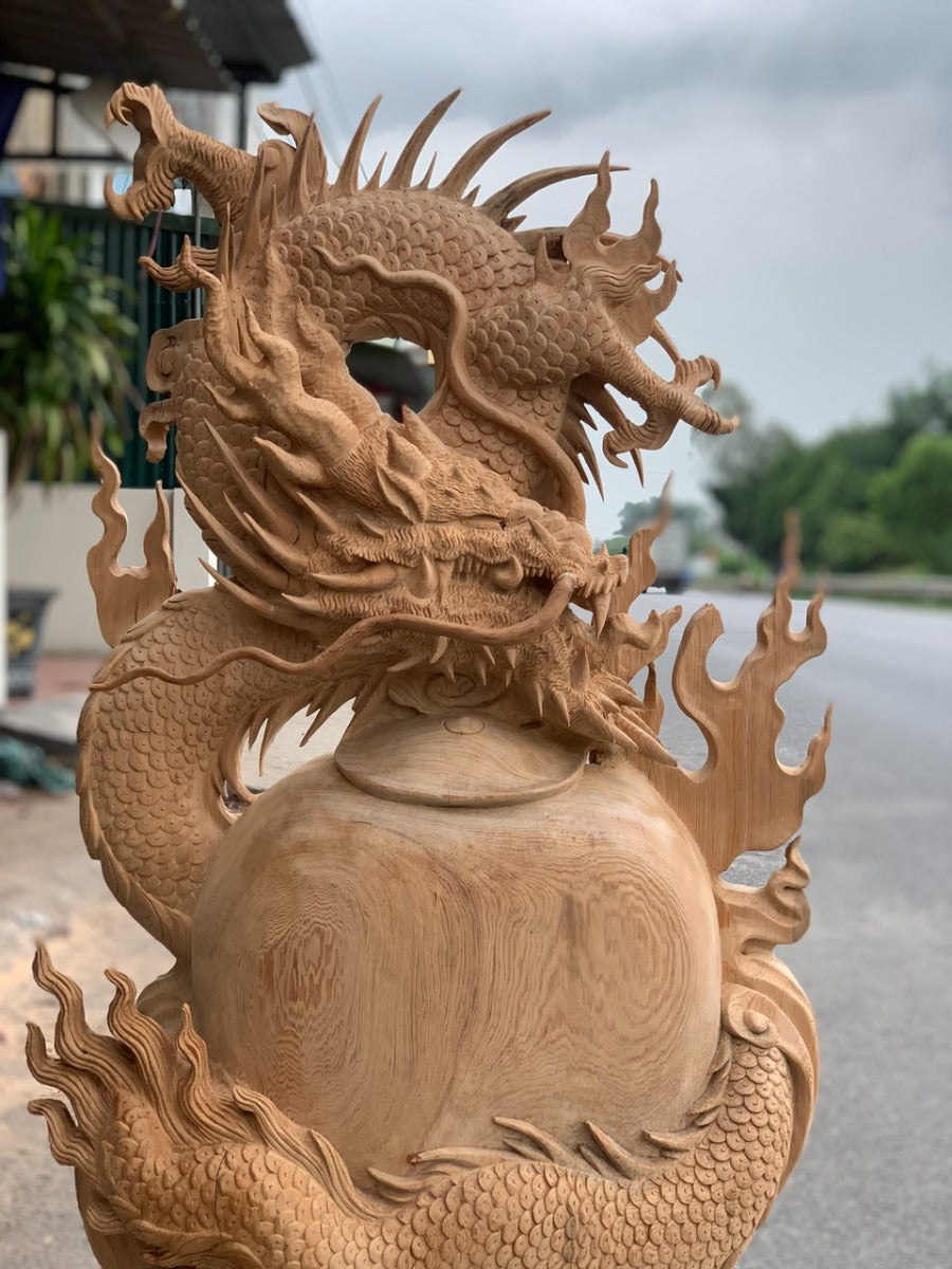Tượng Nhất Long Vờn Ngọc Quấn Chum Phú Quý - Gỗ Ngọc Am Lào Tặng Kỷ