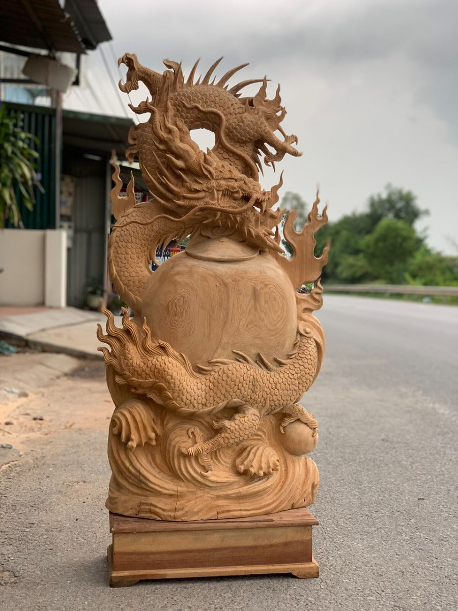 Tượng Nhất Long Vờn Ngọc Quấn Chum Phú Quý - Gỗ Ngọc Am Lào Tặng Kỷ