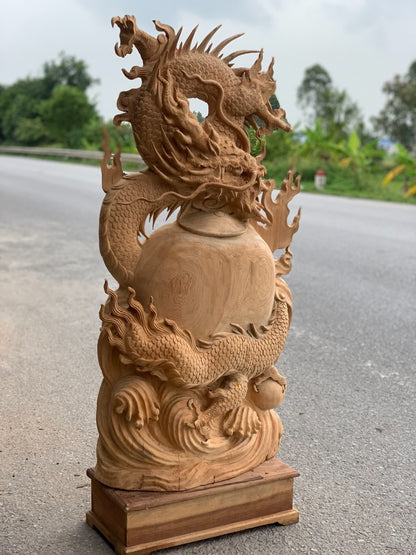Tượng Nhất Long Vờn Ngọc Quấn Chum Phú Quý - Gỗ Ngọc Am Lào Tặng Kỷ