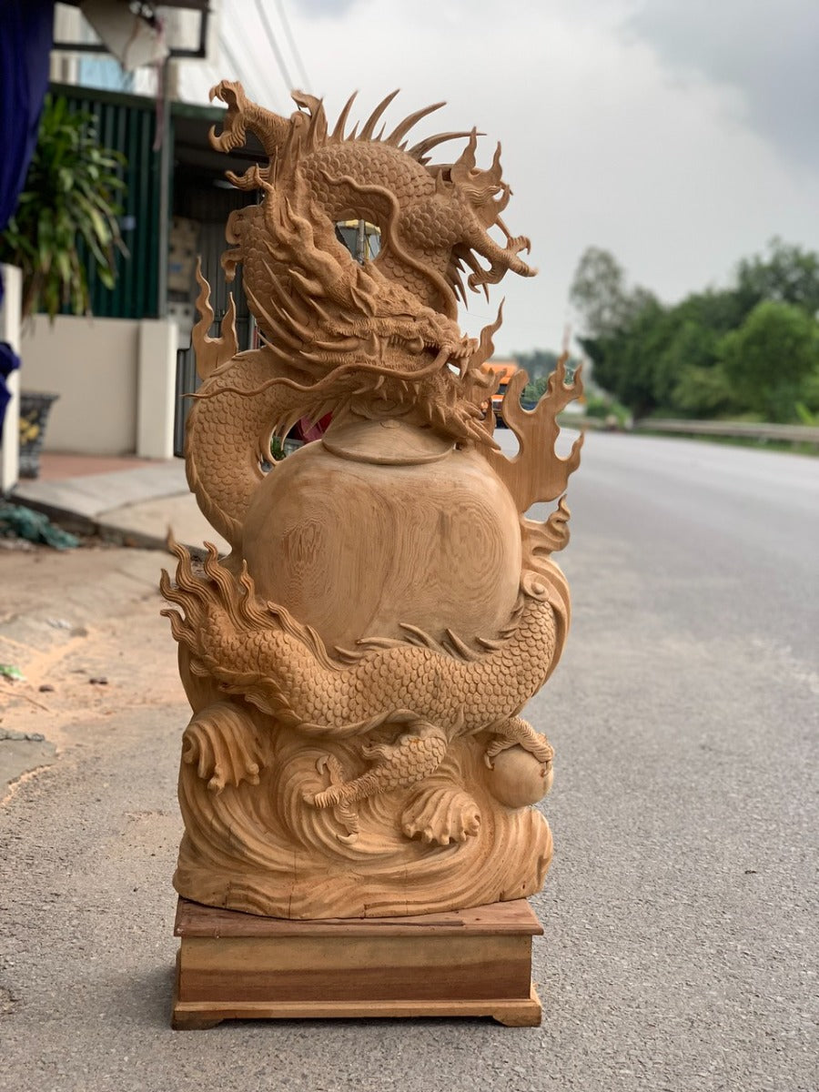 Tượng Nhất Long Vờn Ngọc Quấn Chum Phú Quý - Gỗ Ngọc Am Lào Tặng Kỷ