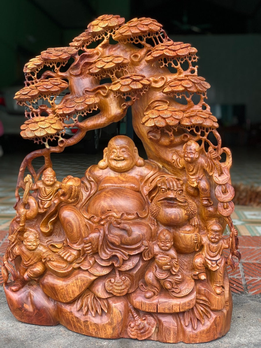 Tượng Phật Di Lặc Ngũ Phúc Ngồi Gốc Tùng - Gỗ Hương Gia Lai