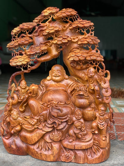 Tượng Phật Di Lặc Ngũ Phúc Ngồi Gốc Tùng - Gỗ Hương Gia Lai