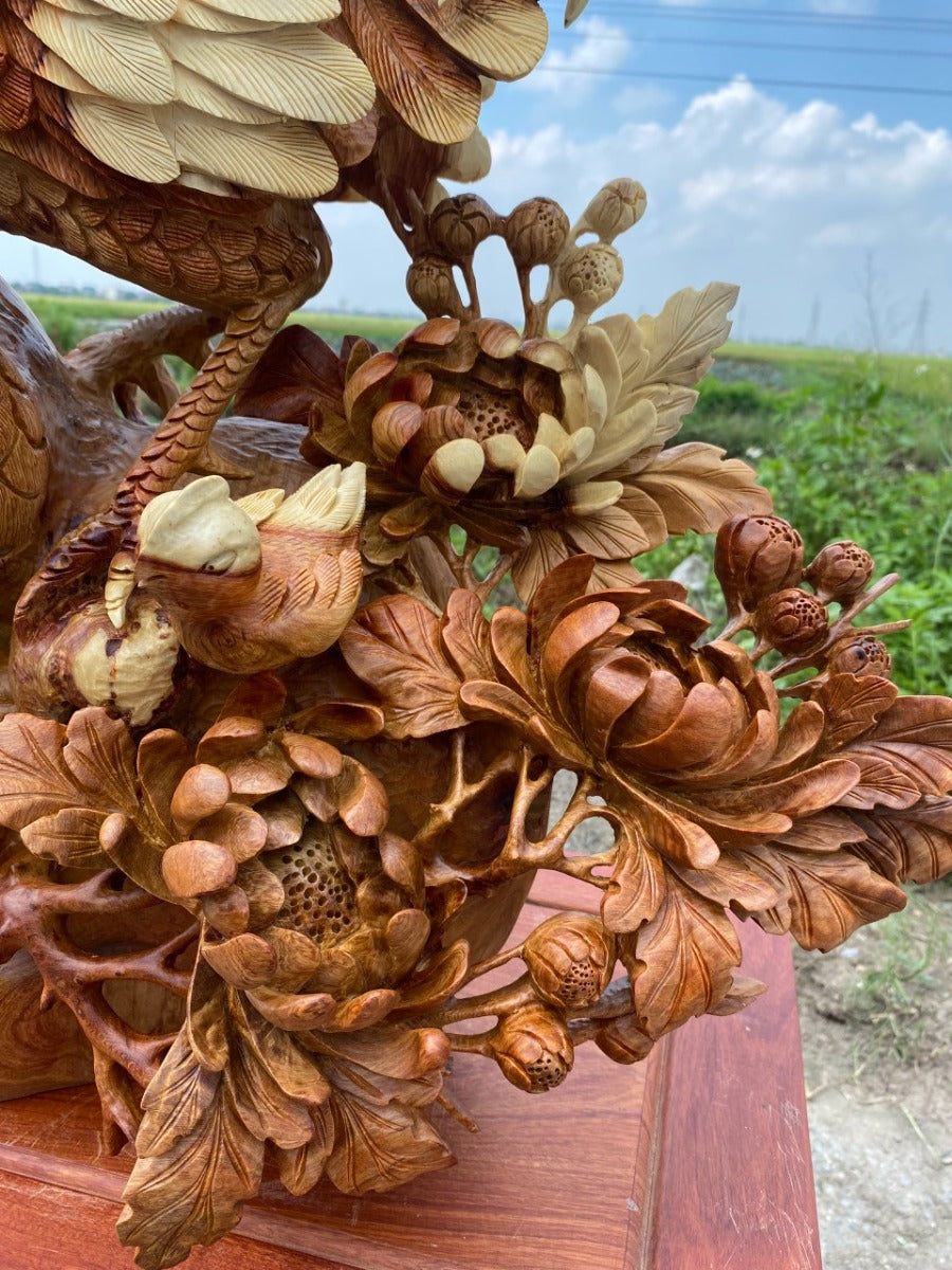 Tượng Gia Đình Gà Hoa Phù Dung Linh Vật Phong Thủy - Gỗ Hương Tuyệt Đẹp