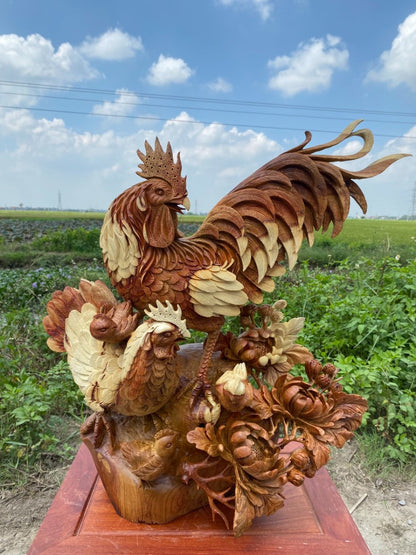 Tượng Gia Đình Gà Hoa Phù Dung Linh Vật Phong Thủy - Gỗ Hương Tuyệt Đẹp