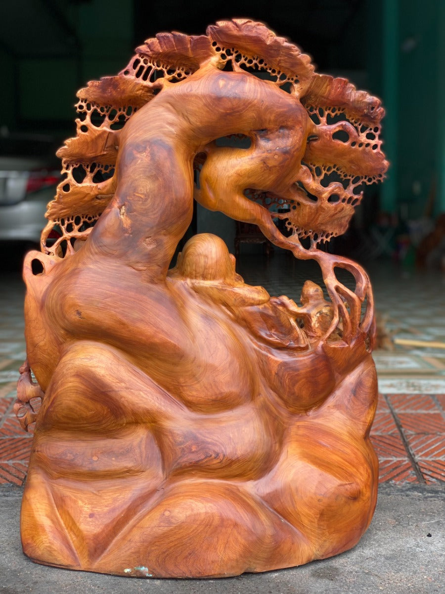Tượng Phật Di Lặc Ngũ Phúc Ngồi Gốc Tùng - Gỗ Hương Gia Lai