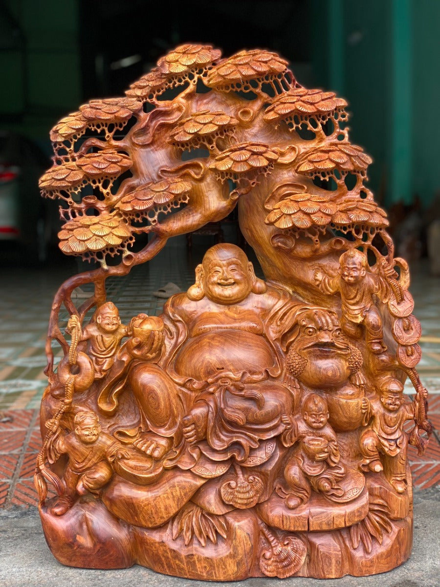 Tượng Phật Di Lặc Ngũ Phúc Ngồi Gốc Tùng - Gỗ Hương Gia Lai