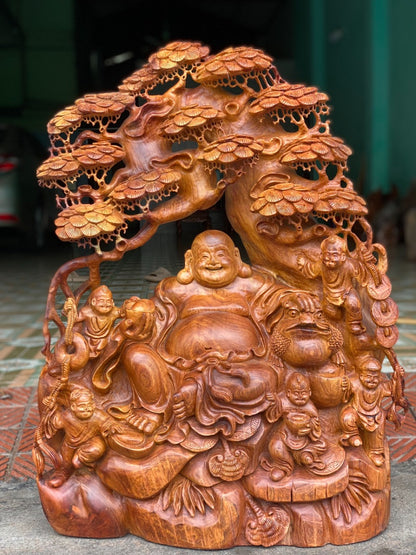 Tượng Phật Di Lặc Ngũ Phúc Ngồi Gốc Tùng - Gỗ Hương Gia Lai