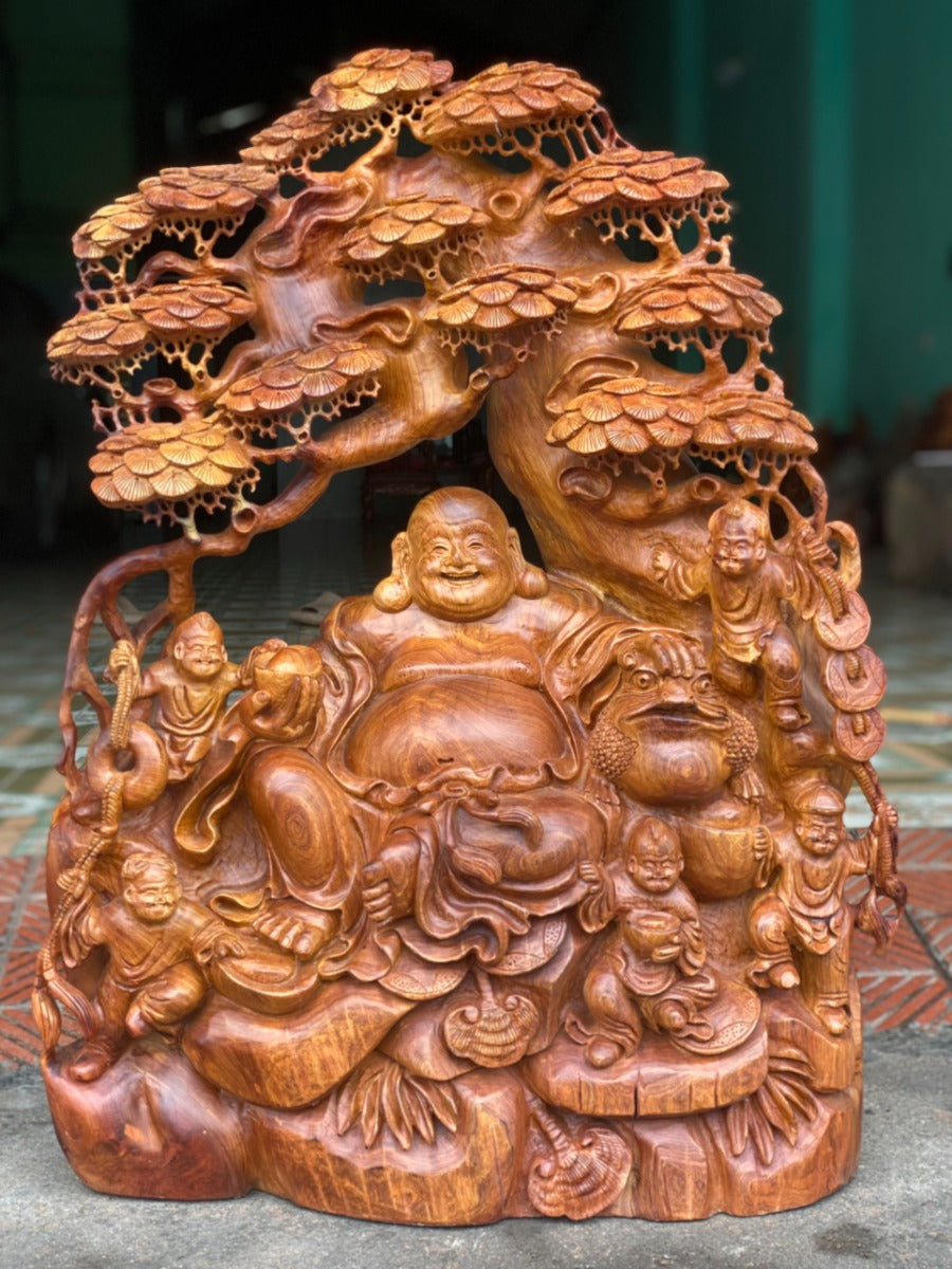 Tượng Phật Di Lặc Ngũ Phúc Ngồi Gốc Tùng - Gỗ Hương Gia Lai