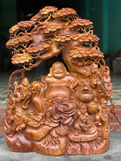 Tượng Phật Di Lặc Ngũ Phúc Ngồi Gốc Tùng - Gỗ Hương Gia Lai