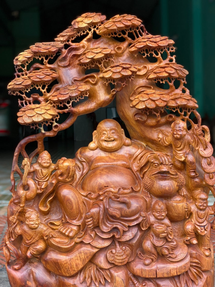 Tượng Phật Di Lặc Ngũ Phúc Ngồi Gốc Tùng - Gỗ Hương Gia Lai