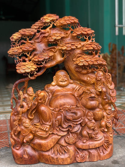 Tượng Phật Di Lặc Ngũ Phúc Ngồi Gốc Tùng - Gỗ Hương Gia Lai