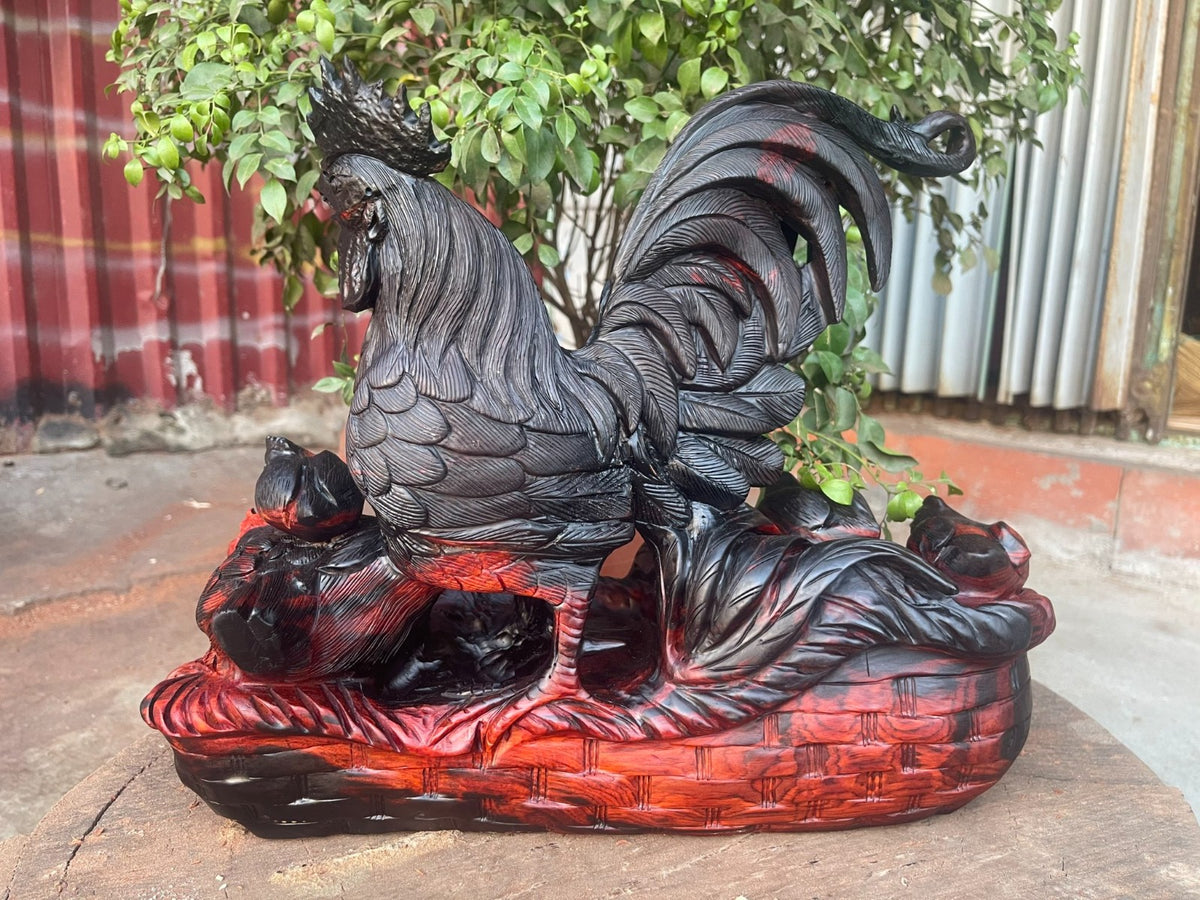 Tượng Gia Đình Gà Hạnh Phúc - Gỗ Trắc Đỏ Đen