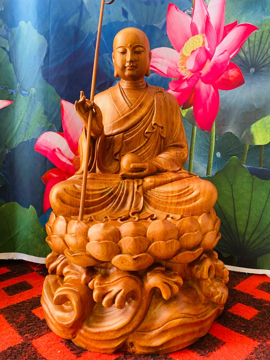 Tượng Địa Tạng Vương Bồ Tát Tọa Thiền Trên Đài Sen - Gỗ Hương Đá