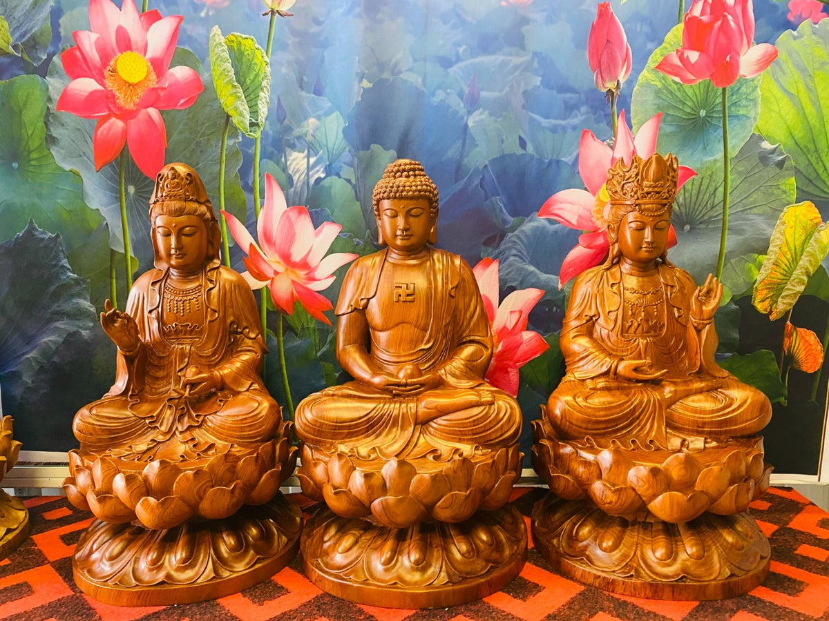 Tượng Tây Thiên Tam Thánh Phật Tọa Thiền Trên Đài Sen - Gỗ Hương Cao 60cm