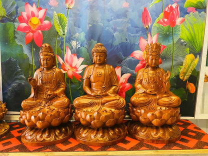 Tượng Tây Thiên Tam Thánh Phật Tọa Thiền Trên Đài Sen - Gỗ Hương Cao 60cm
