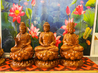 Tượng Tây Thiên Tam Thánh Phật Tọa Thiền Trên Đài Sen - Gỗ Hương Cao 60cm