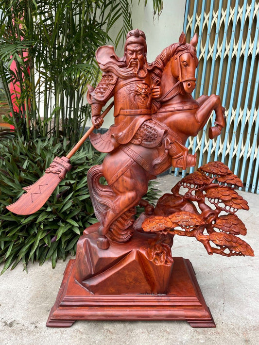Tượng Quan Công Vân Trường Cưỡi Ngựa - Gỗ Hương Ta Cao 81cm Cả Kỷ