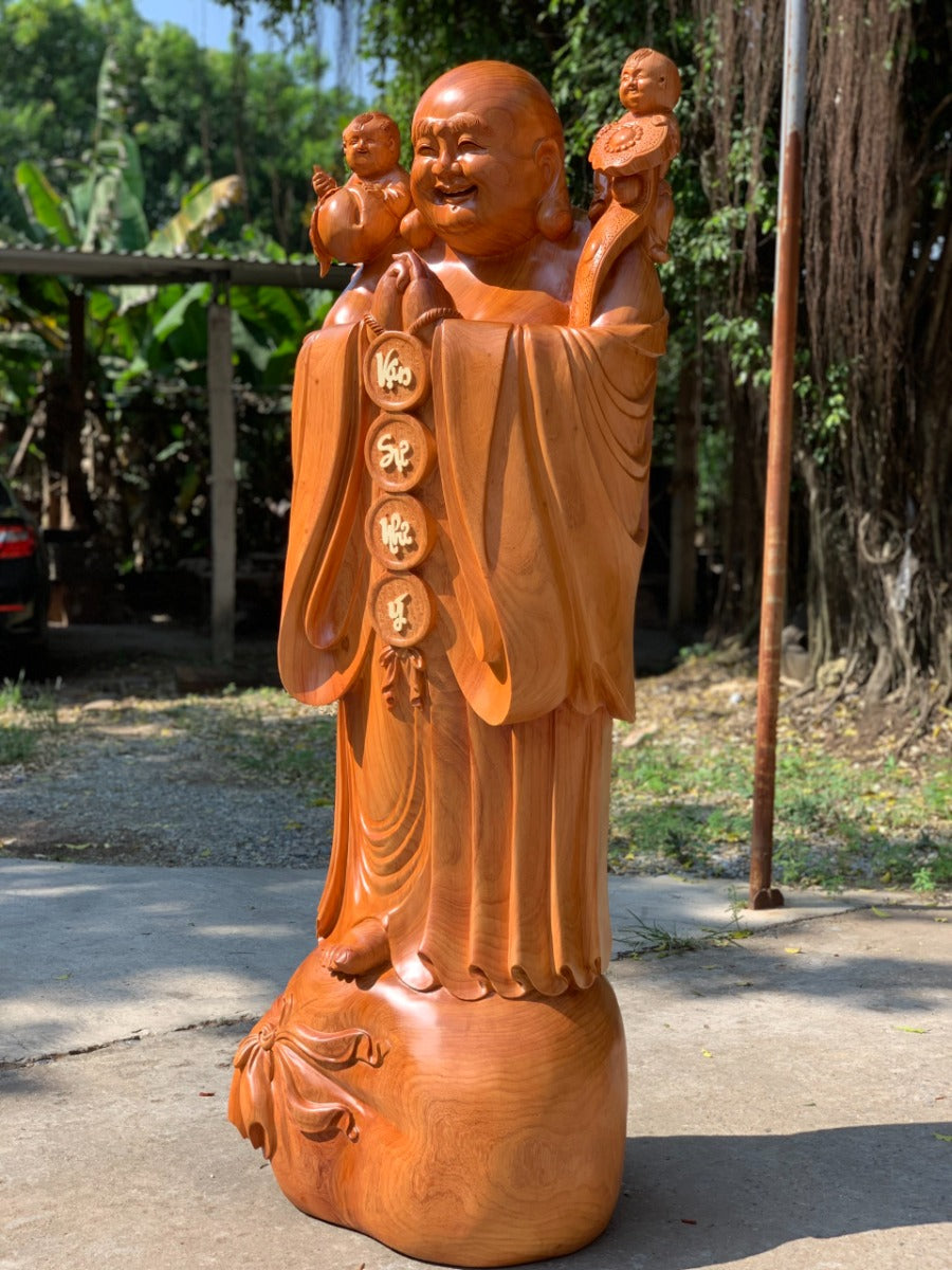 Tượng Phật Di Lặc Đứng Chúc Phúc Vạn Sự Như Ý - Gỗ Hương Đỏ Liền Khối