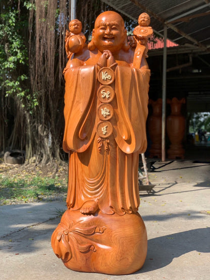Tượng Phật Di Lặc Đứng Chúc Phúc Vạn Sự Như Ý - Gỗ Hương Đỏ Liền Khối