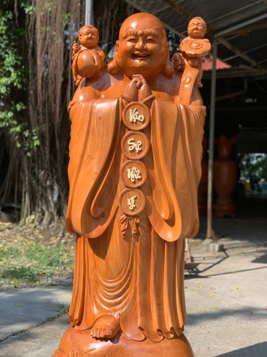 Tượng Phật Di Lặc Đứng Chúc Phúc Vạn Sự Như Ý - Gỗ Hương Đỏ Liền Khối