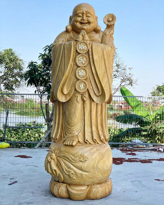 Tượng Phật Di Lặc Chúc Phúc Cầm Gậy Như Ý - Gỗ Cẩm Vàng Cao 1m9