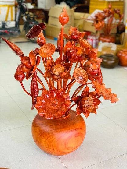 Bình Hoa Sen 25 Cành Để Bàn Thờ Và Phòng Khách - Gỗ Hương Đỏ