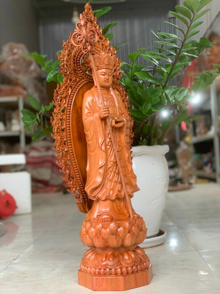 Tượng Phật Địa Tạng Vương Bồ Tát Đứng Trên Đài Sen - Gỗ Hương