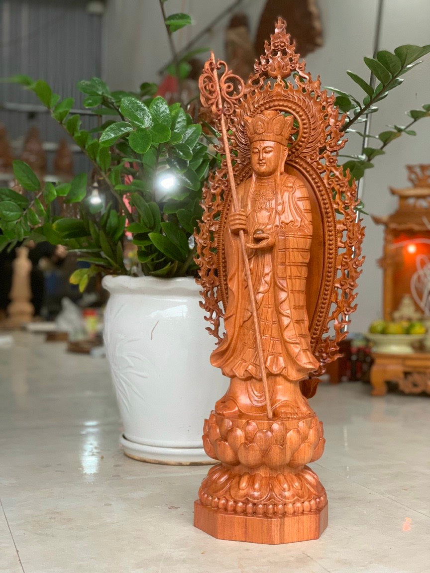 Tượng Phật Địa Tạng Vương Bồ Tát Đứng Trên Đài Sen - Gỗ Hương