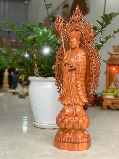 Tượng Phật Địa Tạng Vương Bồ Tát Đứng Trên Đài Sen - Gỗ Hương