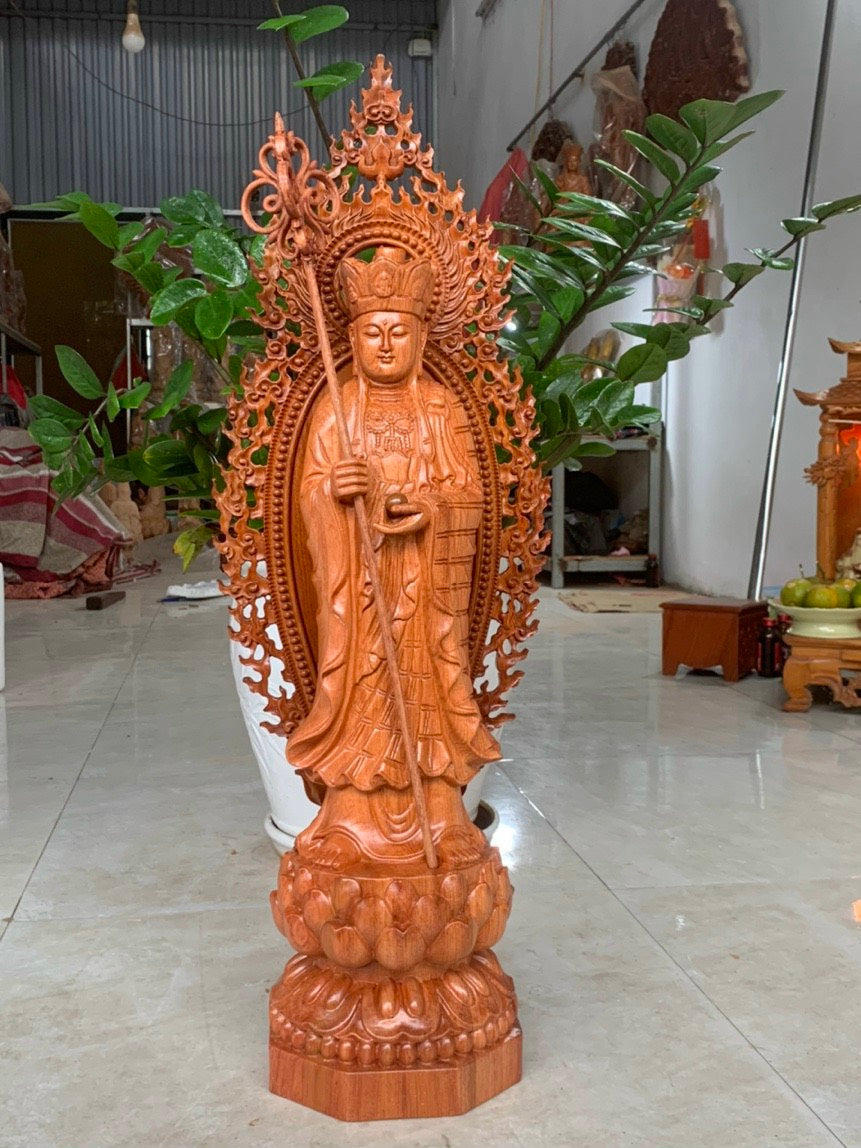 Tượng Phật Địa Tạng Vương Bồ Tát Đứng Trên Đài Sen - Gỗ Hương