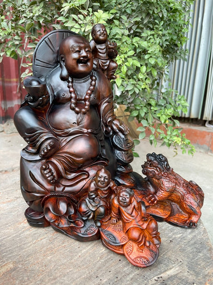 Tượng Di Lặc Tam Phúc Ngồi Bao Tiền Tài Lộc - Gỗ Trắc Đỏ Đen