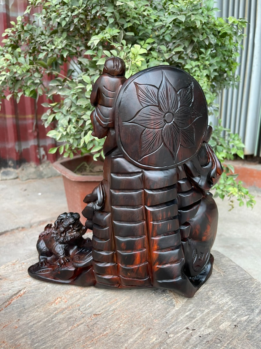 Tượng Di Lặc Tam Phúc Ngồi Bao Tiền Tài Lộc - Gỗ Trắc Đỏ Đen