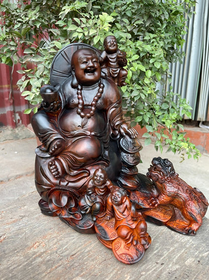 Tượng Di Lặc Tam Phúc Ngồi Bao Tiền Tài Lộc - Gỗ Trắc Đỏ Đen