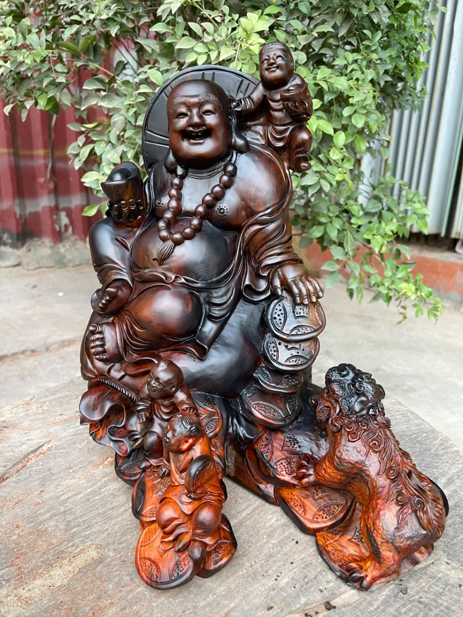 Tượng Di Lặc Tam Phúc Ngồi Bao Tiền Tài Lộc - Gỗ Trắc Đỏ Đen