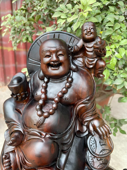 Tượng Di Lặc Tam Phúc Ngồi Bao Tiền Tài Lộc - Gỗ Trắc Đỏ Đen