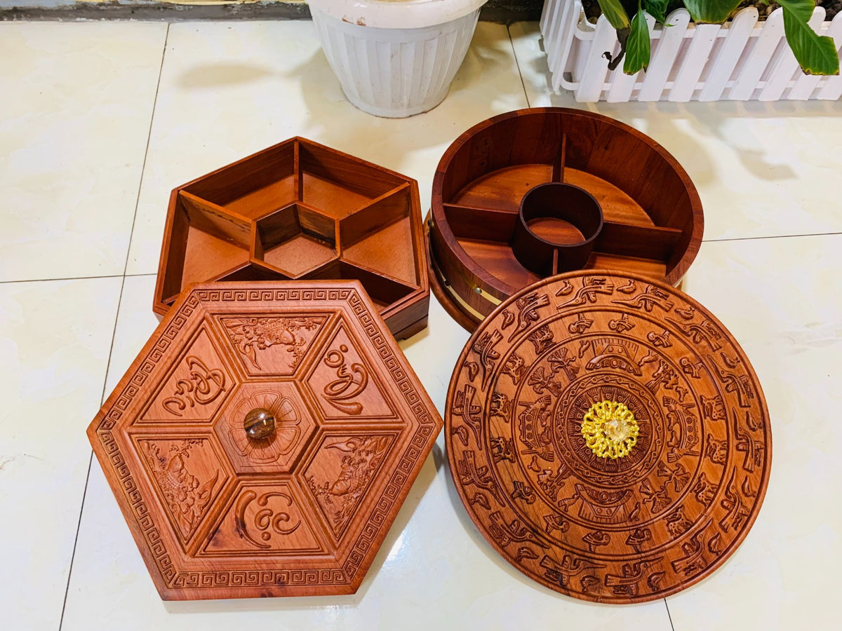 Khay Hộp Đựng Bánh Kẹo Mứt Tết Trống Đồng Đông Sơn - Gỗ Hương Đỏ