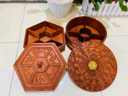 Khay Hộp Đựng Bánh Kẹo Mứt Tết Trống Đồng Đông Sơn - Gỗ Hương Đỏ