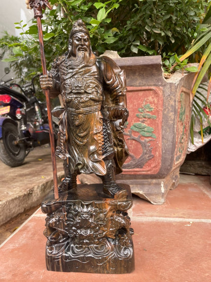 Tượng Quan Công Võ Thánh Đứng Chống Đao Uy Nghi - Gỗ Mun Hoa Tuyệt Đẹp
